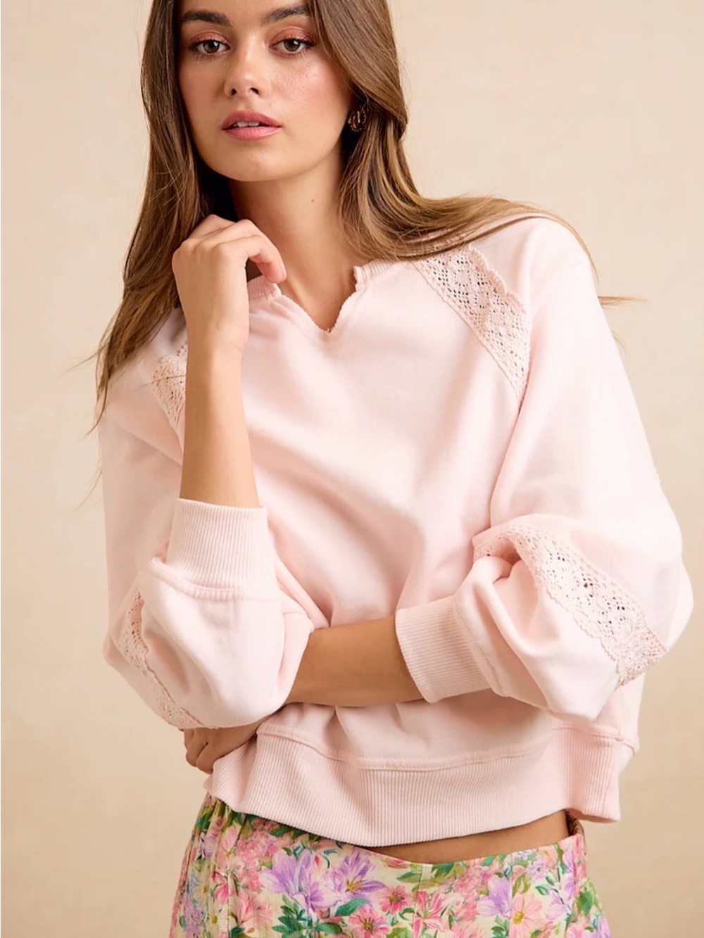 BiBi Soft Blush Lace-Trim Pullover